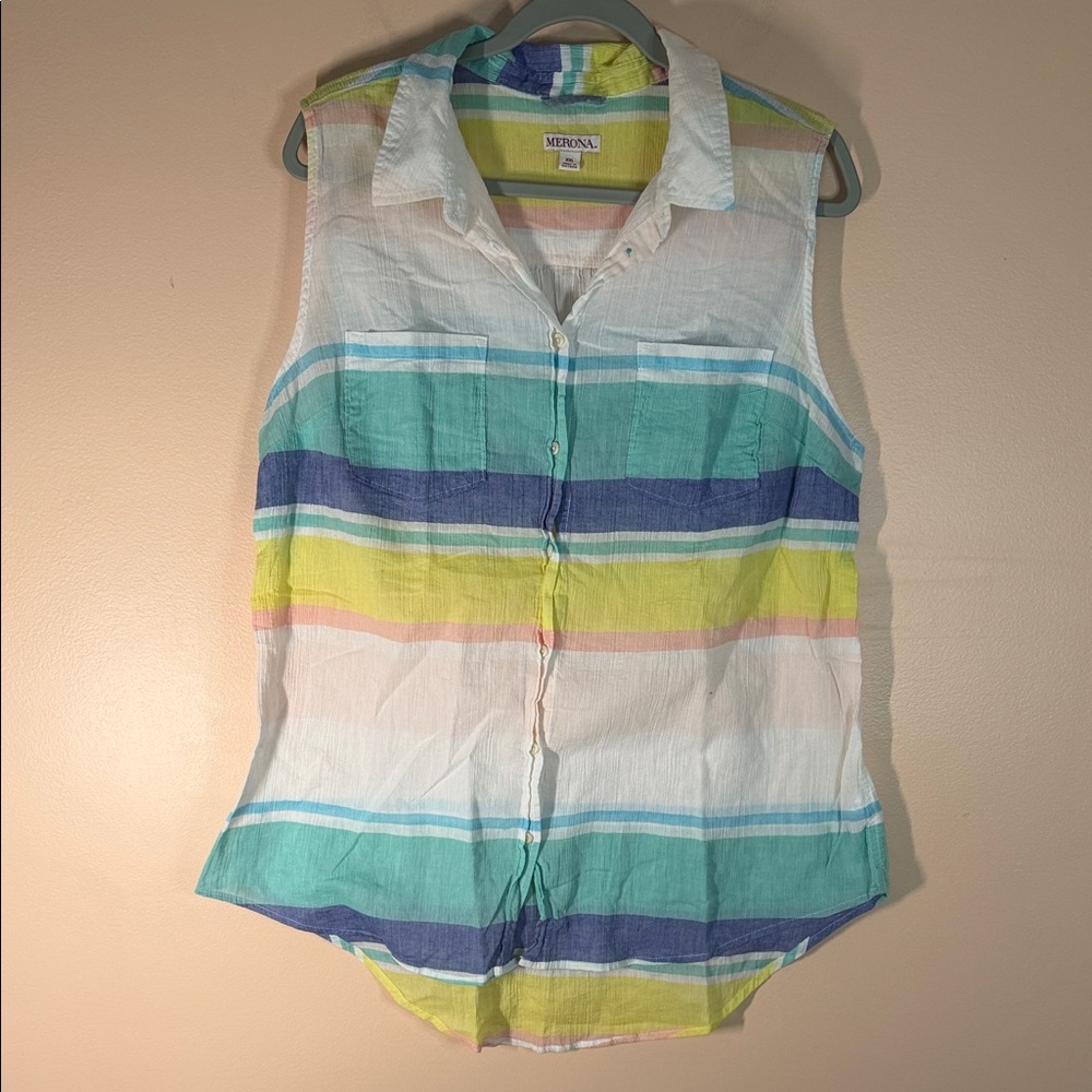 Merona Sleeveless Button-Front Striped Cotton Top in Multicolor